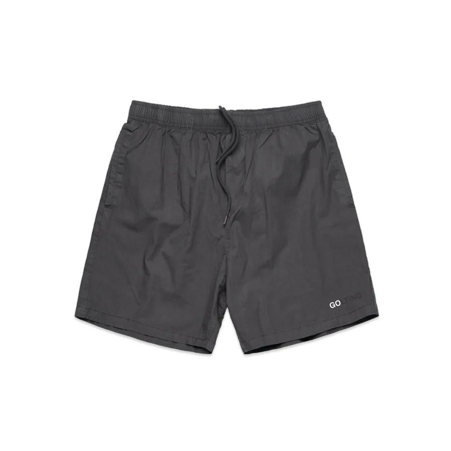 This is the number thirty three golf shorts, in gray, with a classic tie and elastic closure.