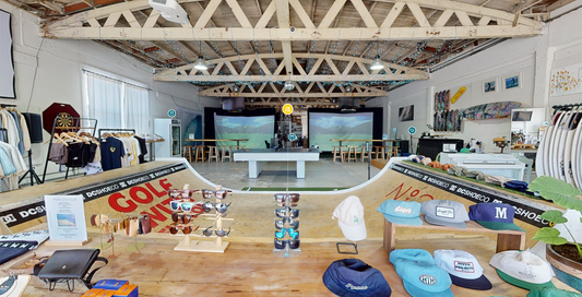 MNML GOLF CLUB from mini-ramp, pool table, stage, surfboards, featured apparel, and golf simulators