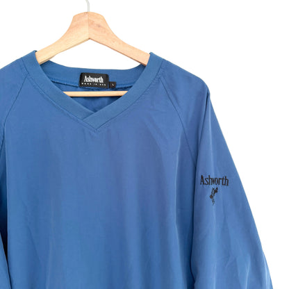 Blue long-sleeve shirt with 'Astworth' branding on a hanger against a white background