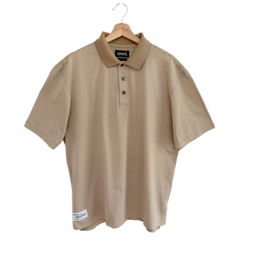 Beige striped polo shirt on a hanger against a white background