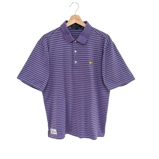 Purple striped polo shirt on a hanger against a white background