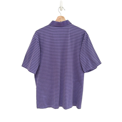 Purple striped shirt on a hanger against a white background