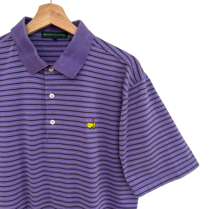 Purple striped polo shirt with a logo on a hanger against a white background