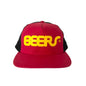 Red cap with yellow 'BEERS' text on a white background