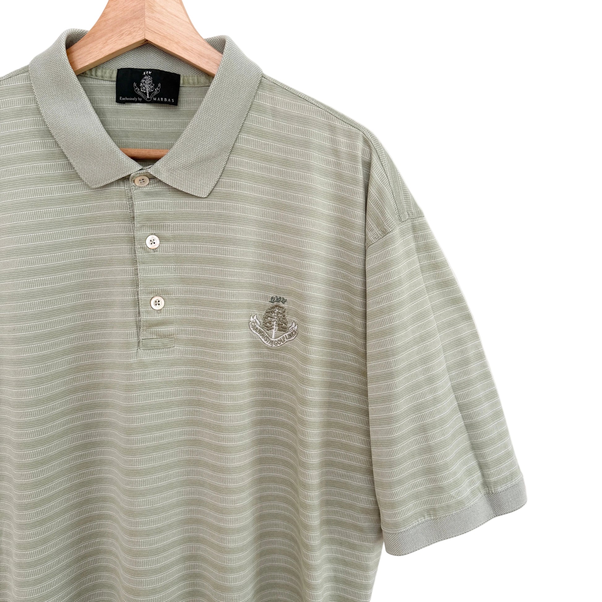 Green striped polo shirt with a logo on a white background