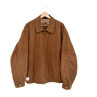 Brown jacket on a hanger against a white background