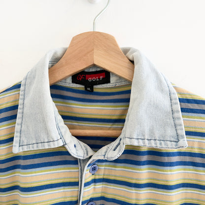 Striped polo shirt with denim collar on a hanger, featuring a Golf shirt label.