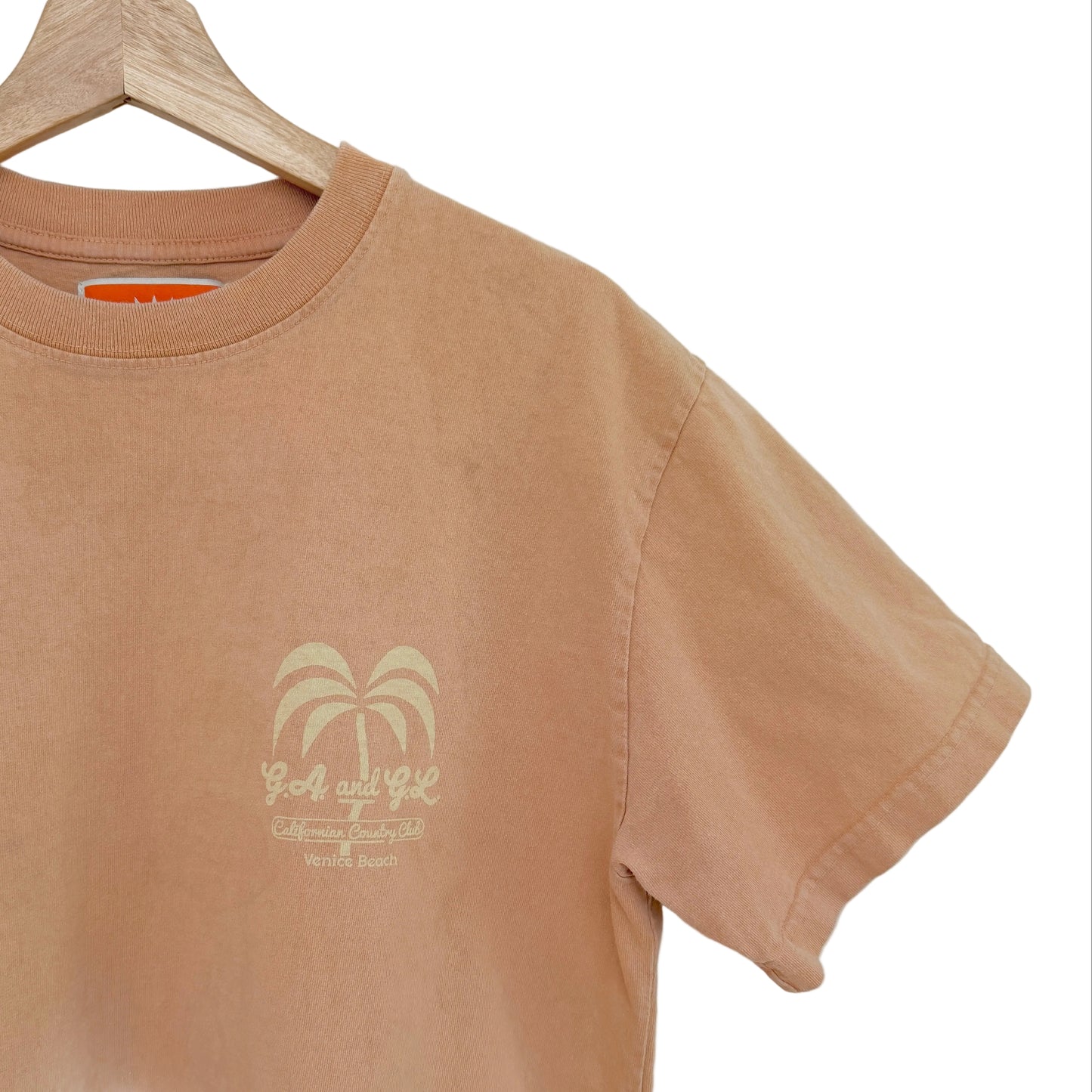 Peach t-shirt with palm tree design on a hanger against a white background