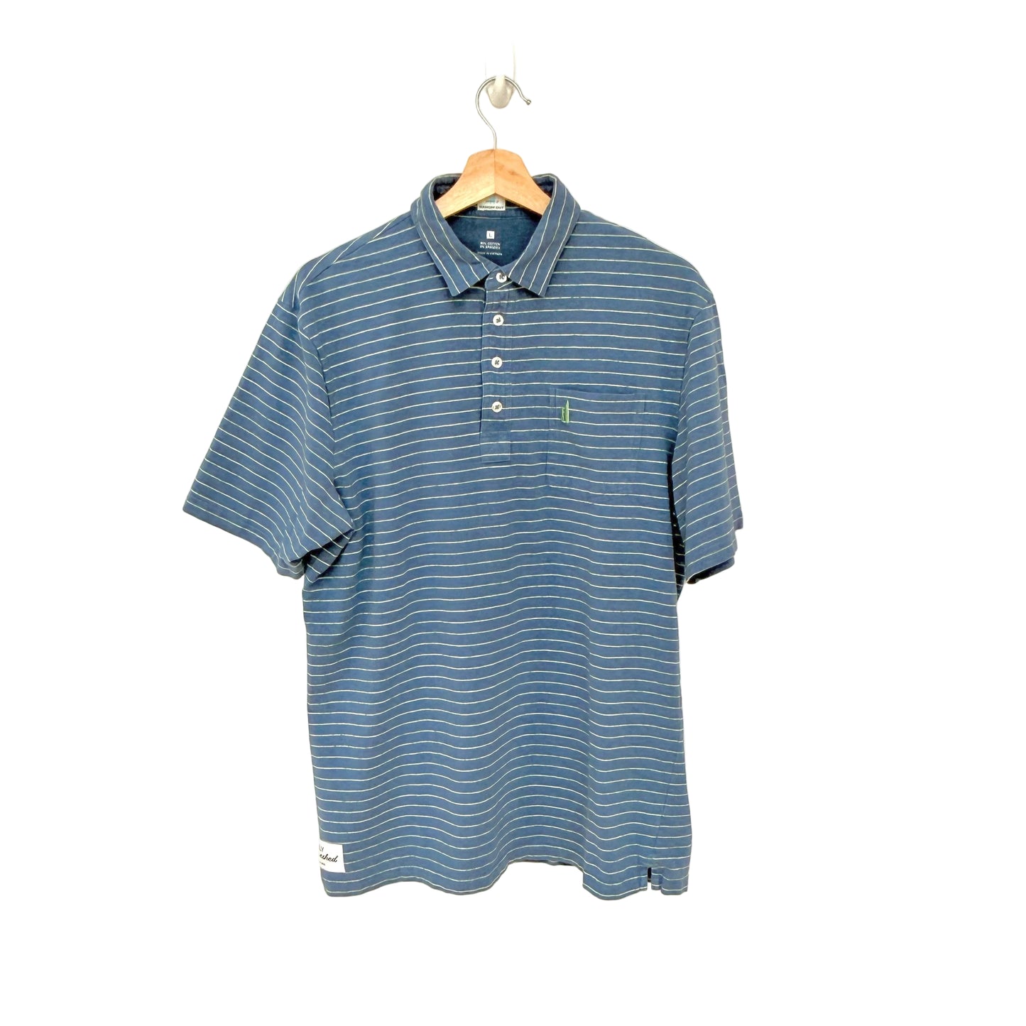 Blue striped polo shirt on a hanger against a white background