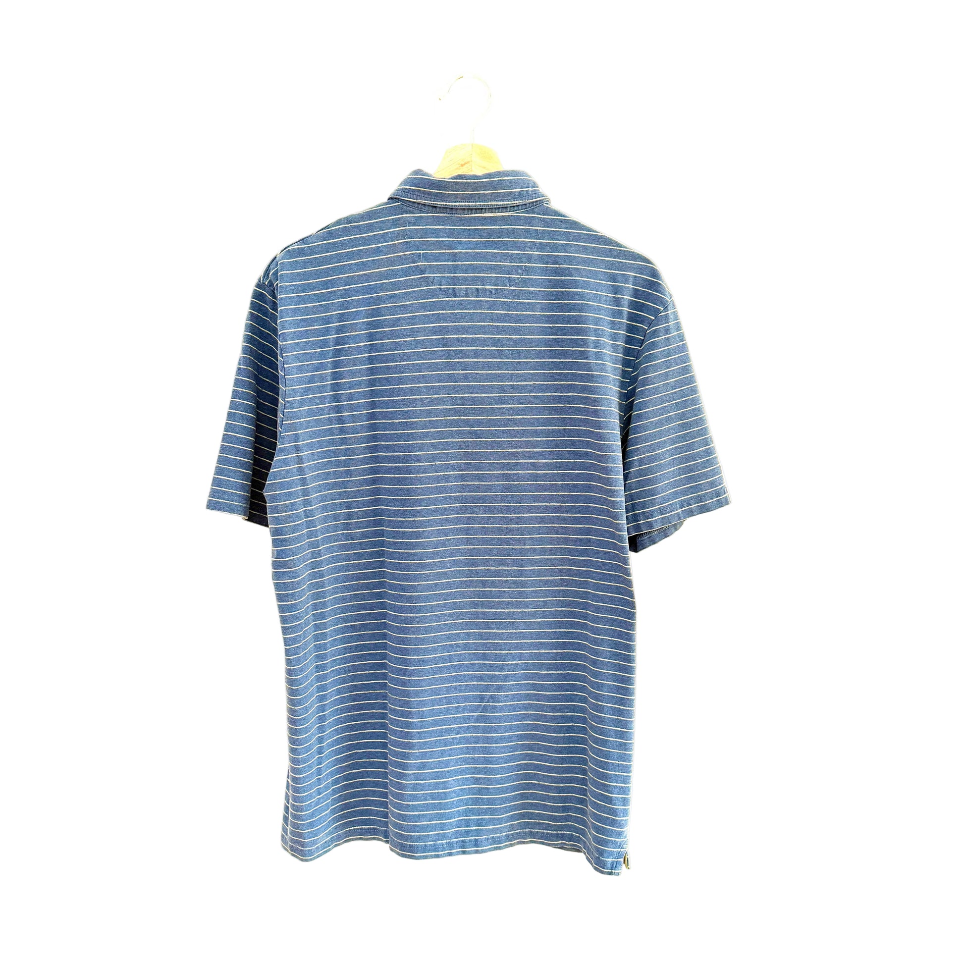 Blue striped polo shirt on a white background