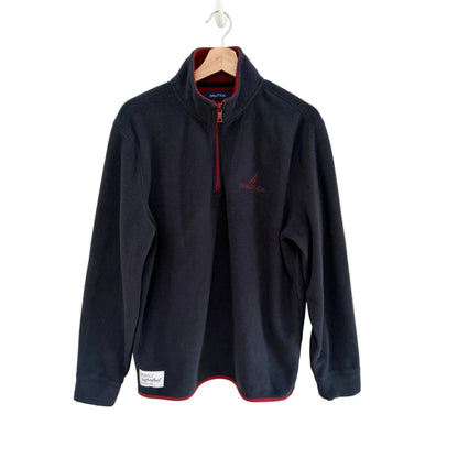 Navy fleece pullover with red interior on a white background