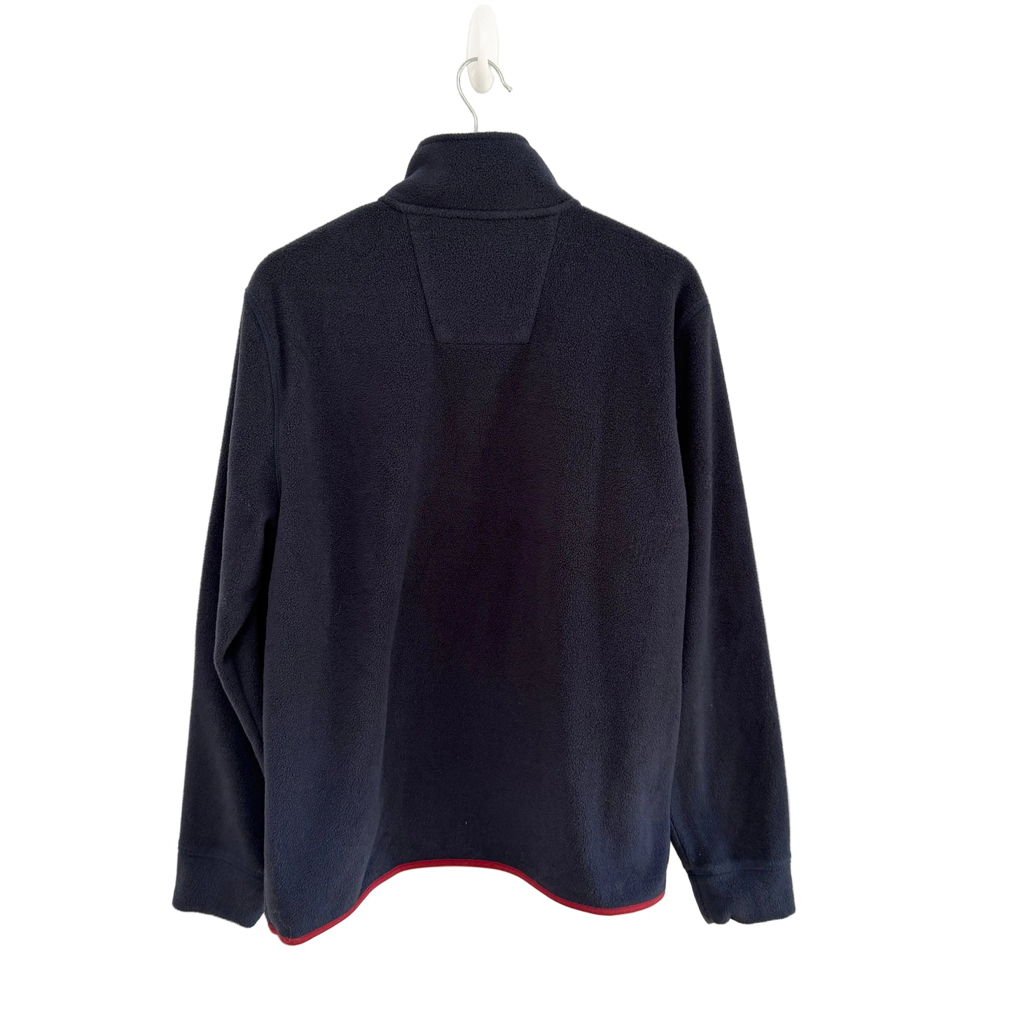 Navy blue fleece pullover on a white background