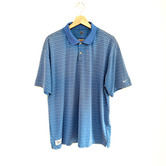 Blue striped polo shirt on a hanger against a white background