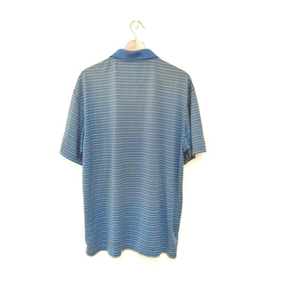 Blue striped polo shirt on a hanger against a white background