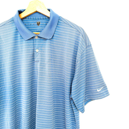 Blue striped polo shirt on a hanger against a white background