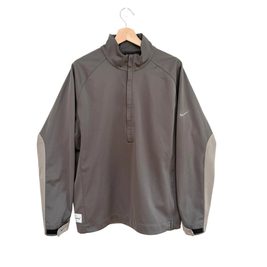 Gray pullover with a quarter-zip design on a white background