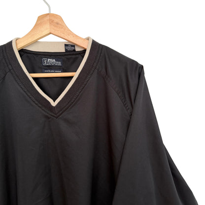 Black long-sleeve shirt on a hanger with a white background