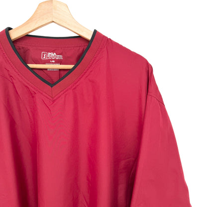 Red windbreaker on a hanger with a visible brand label against a white background