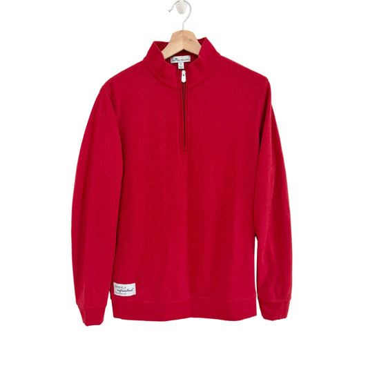 Red sweatshirt on a hanger against a white background