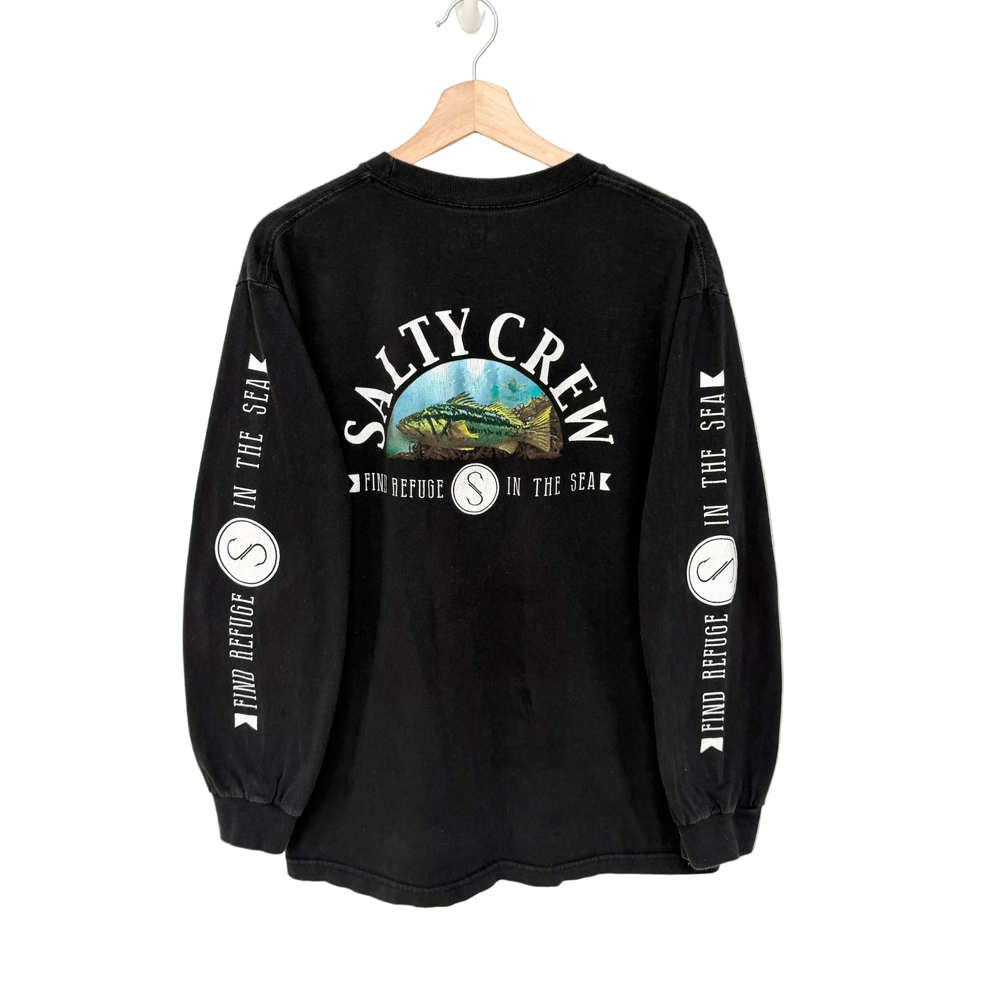 Black long-sleeve shirt with Salty Crew logo and design on a white background
