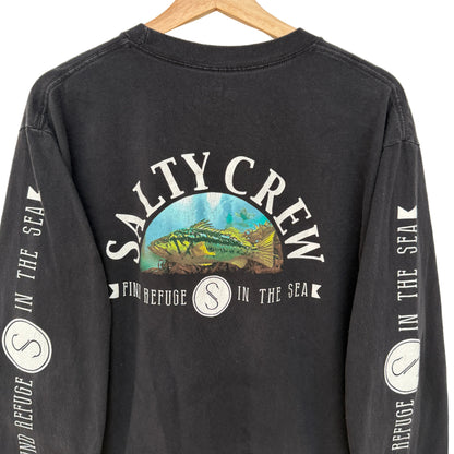 Black long-sleeve shirt with Salty Crew logo and fish graphic on a hanger.