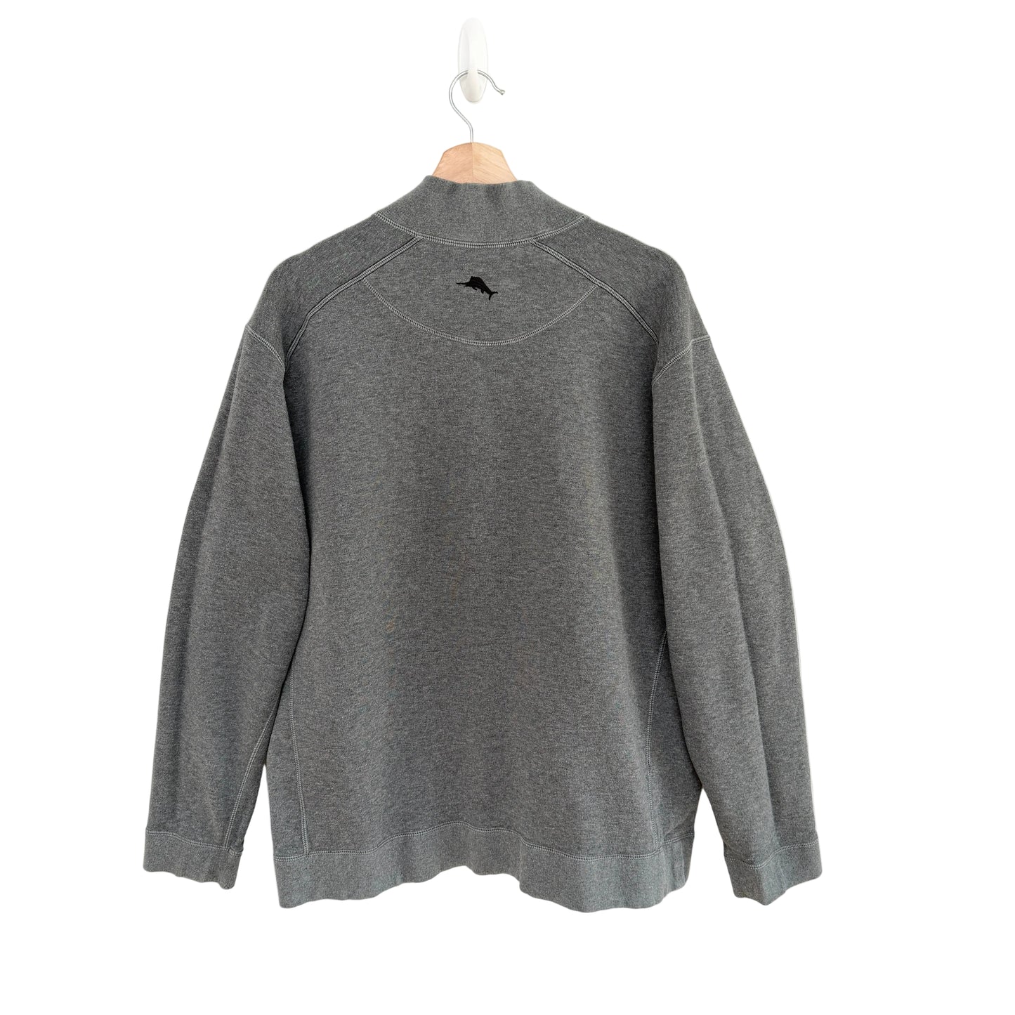 Gray sweatshirt with a logo on a white background