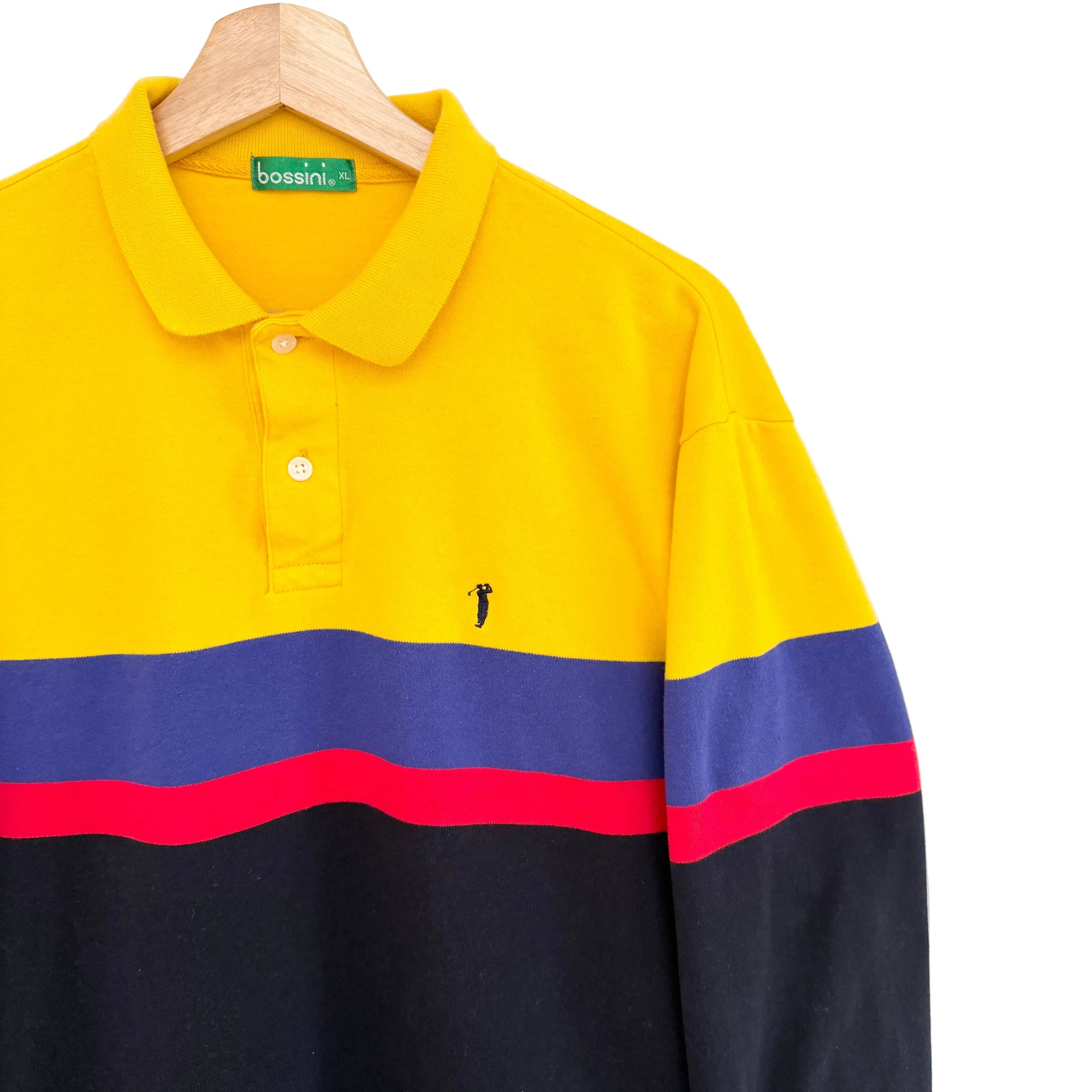 Yellow, blue, and red striped polo shirt on a hanger with bossini label.
