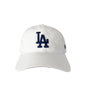 White baseball cap with navy 'LA' logo on a white background