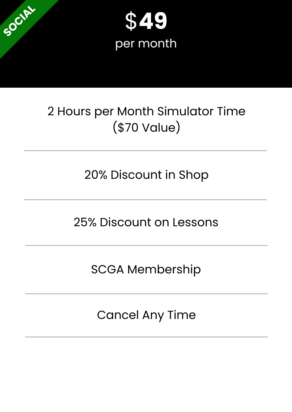 This is an image of the MNML GOLF social membership which includes hours on our indoor golf simulators, discounts on golf apparel, and discounts on golf lessons.