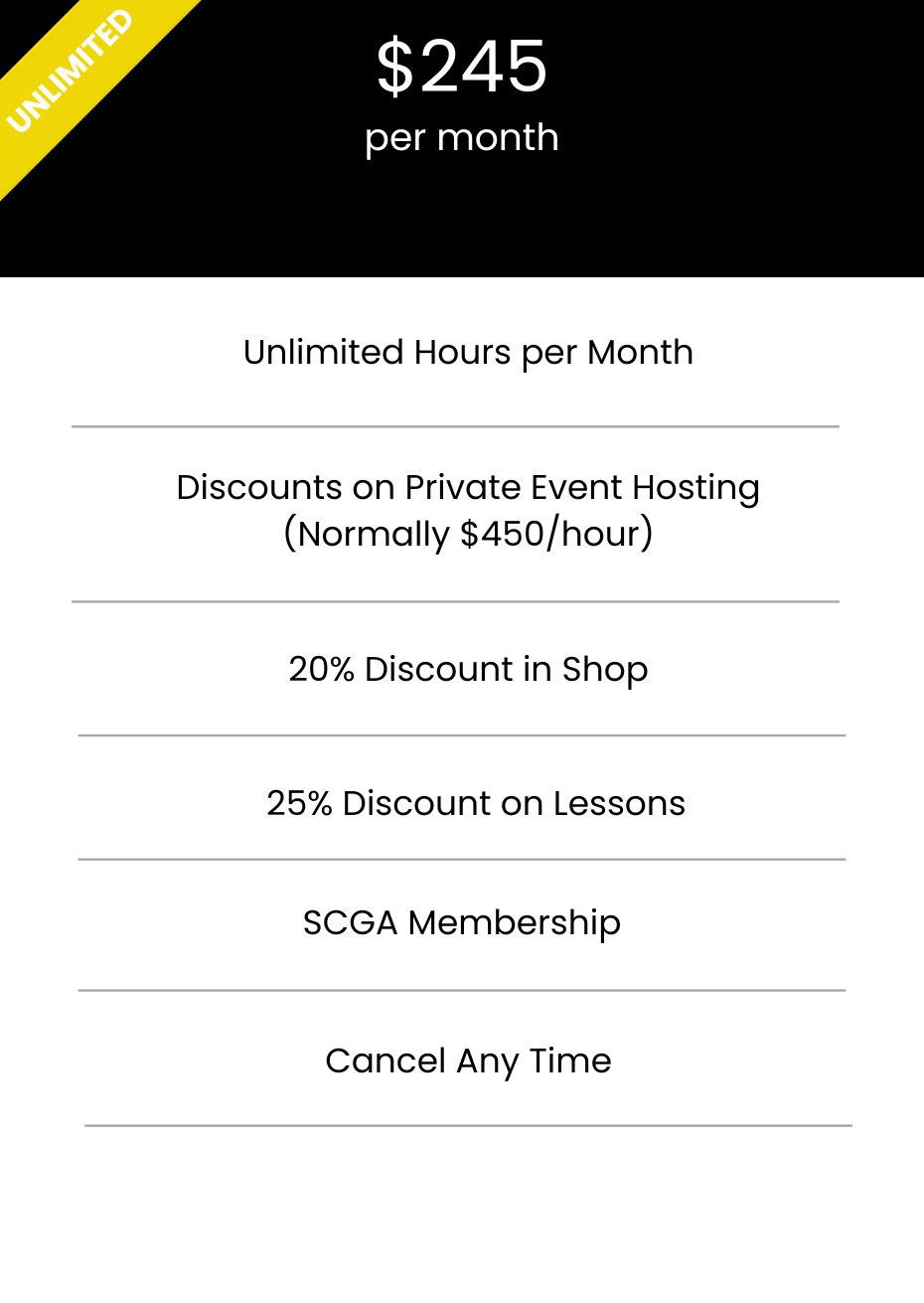 This is an image of the MNML GOLF Club Unlimited Membership which includes unlimited hours on our indoor golf simulators, member-rates on private event rentals, discounts on golf apparel, discounts on golf lessons with our head golf pro.